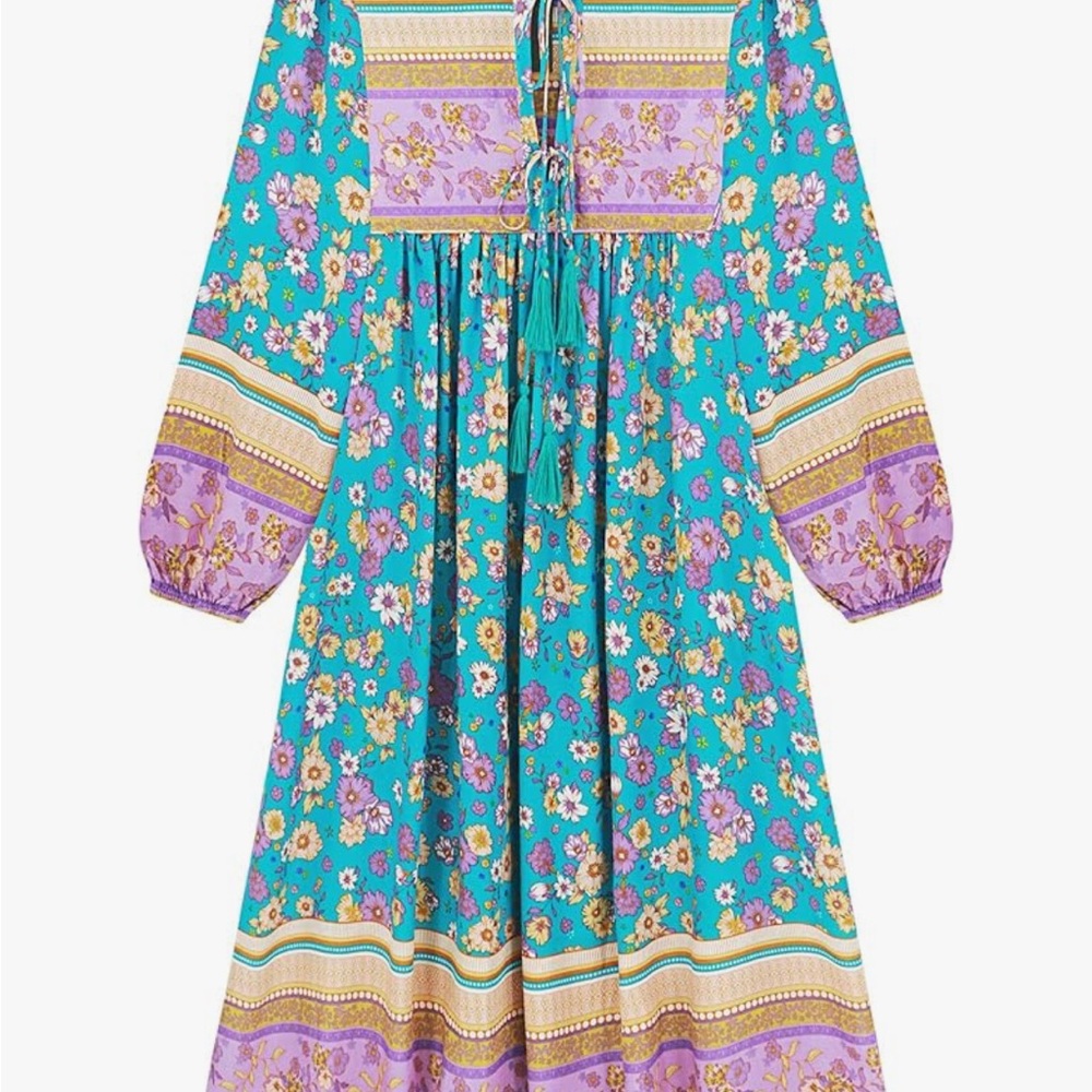 Women’s Long Sleeve Boho Floral Dress with Tassels